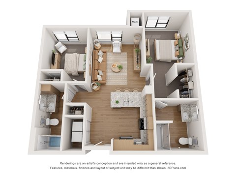 Floor plan for 2 beds, 2 baths, 997 sqft
